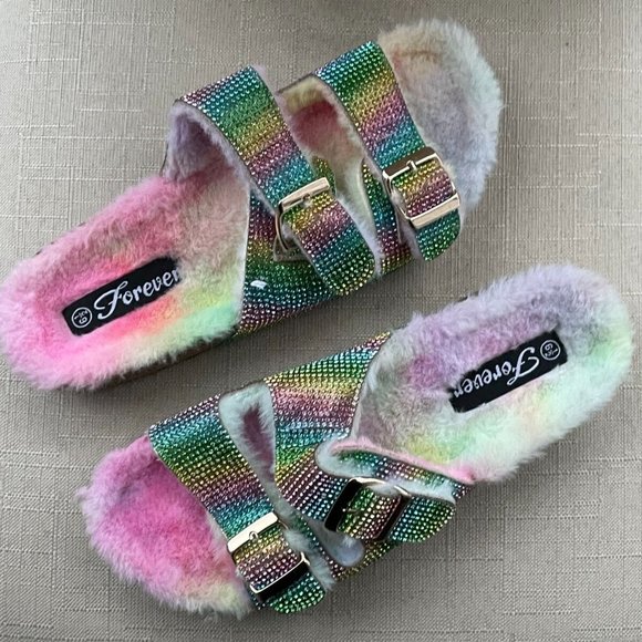 Forever21 Women Sandal Shoes Multi Color Bling Faux Fur Shoes Size 6.5 - Picture 2 of 11